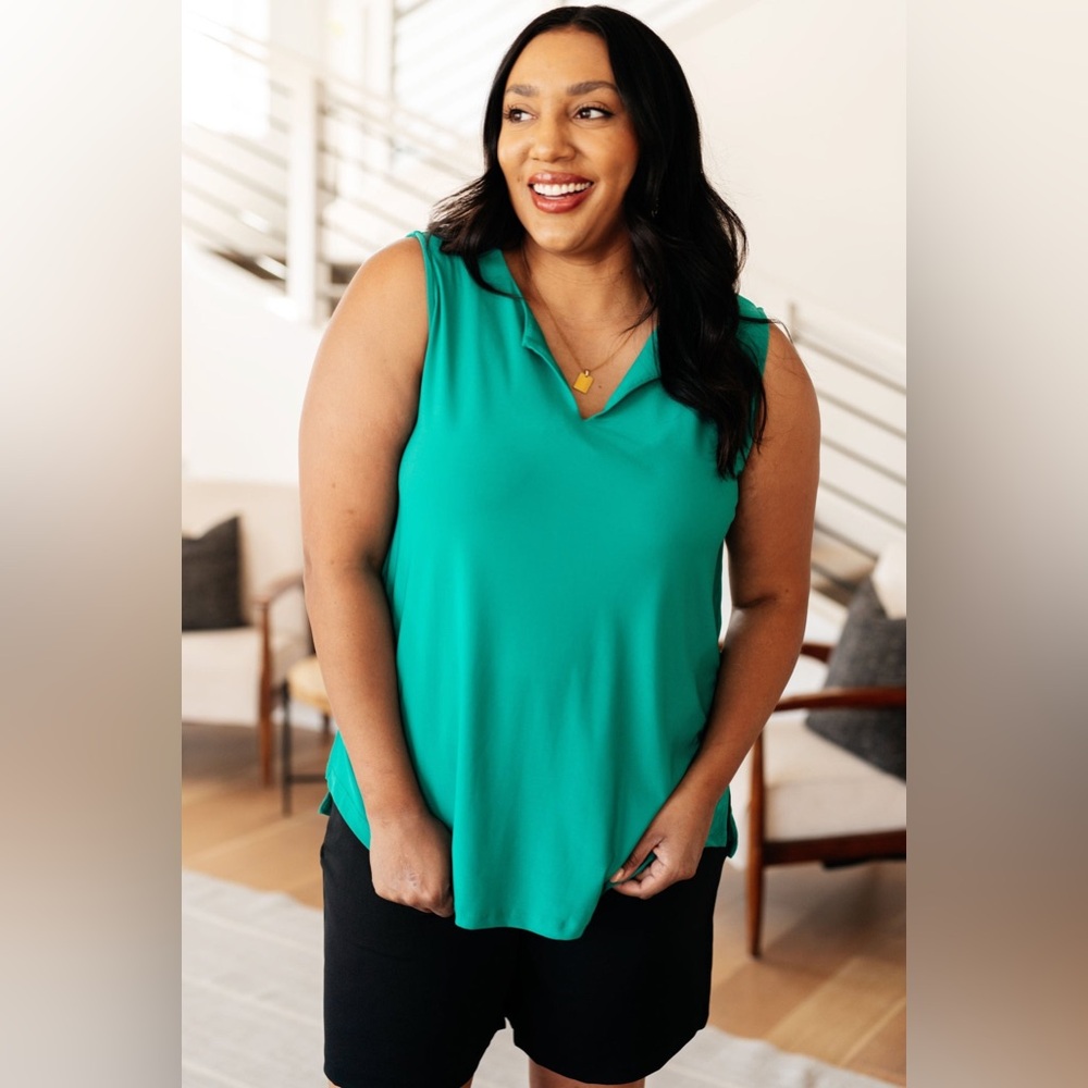 NWD White Birch Teal Sleeveless V-Neck High Low Hem Side Slit Blouse Tank 1X
